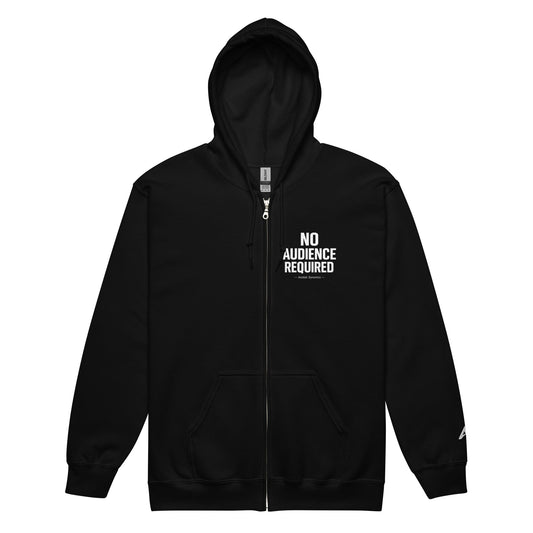 Close-up of the NO AUDIENCE REQUIRED Zip-Up Hoodie, a premium piece of Christian apparel designed for discipline and focused work.