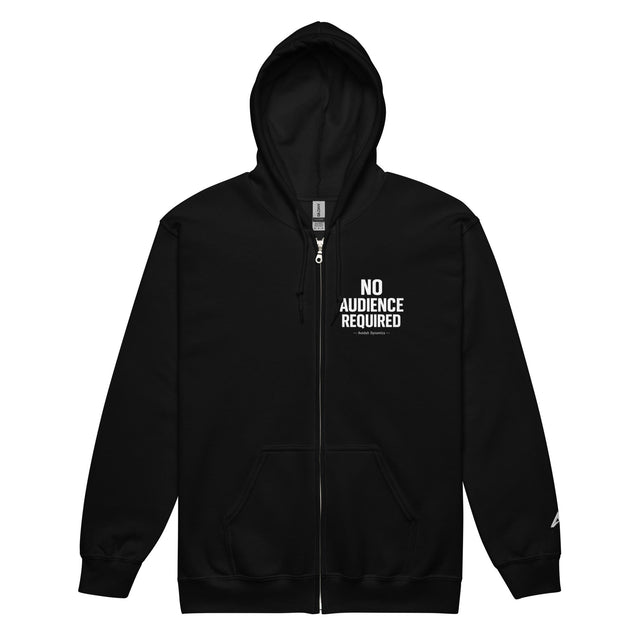 Close-up of the NO AUDIENCE REQUIRED Zip-Up Hoodie, a premium piece of Christian apparel designed for discipline and focused work.